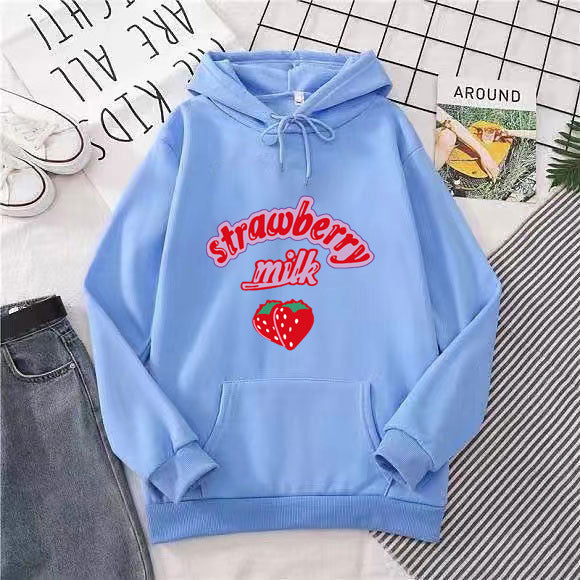 Ladies hooded sweatshirt with cheerful strawberry milk design Lisslune