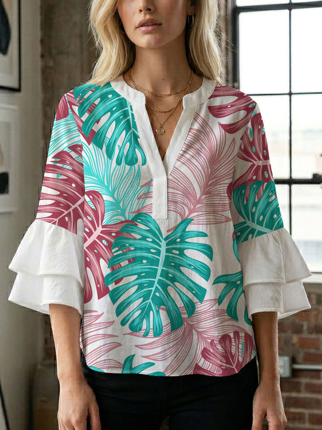 Women's blouse shirt with voluminous sleeves and creative print design Lisslune