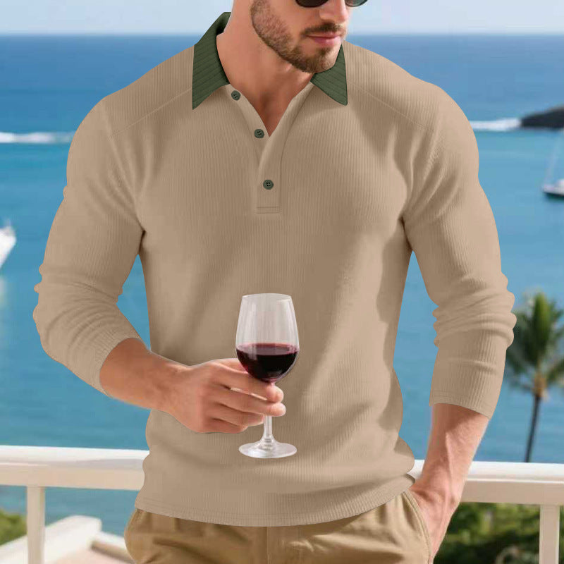 Men's Long Sleeve Polo Shirt with Textured Design and Elegant Button Placket Lisslune