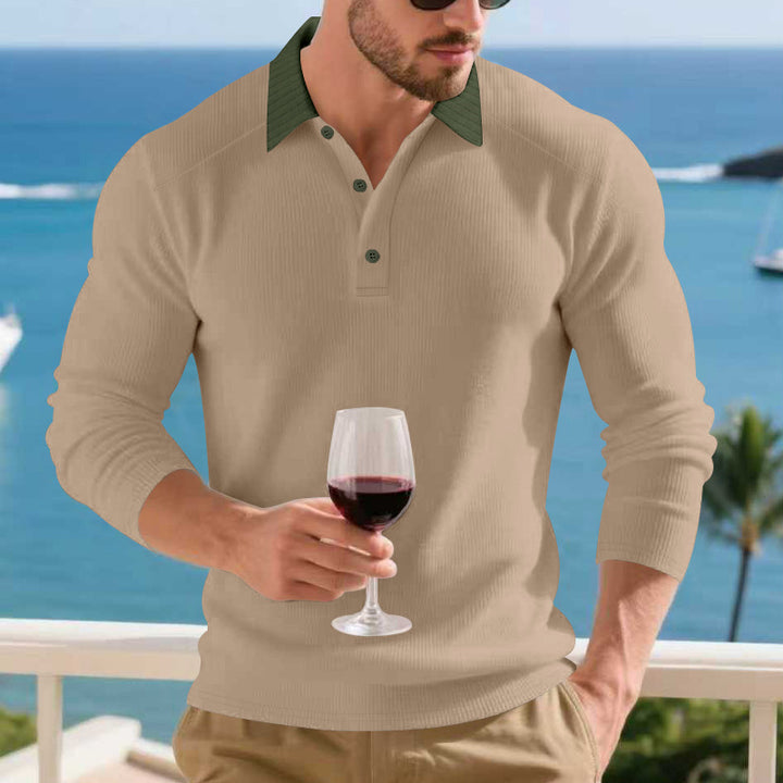 Men's Long Sleeve Polo Shirt with Textured Design and Elegant Button Placket Lisslune