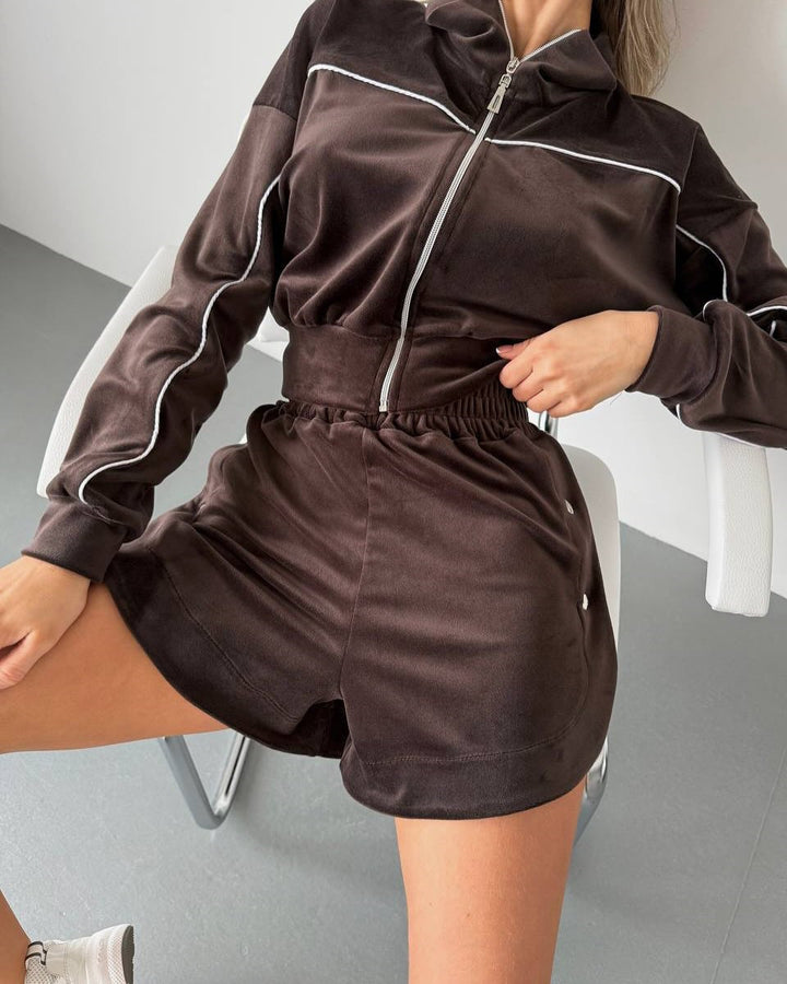 Women Sporty Velours Hoodie and Shorts Set Lisslune