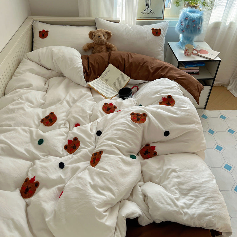 Rynx | Spring and Summer In the Girl's Heart Maillard Coffee Bear Towel Embroidered Washed Cotton Bed Sheet 1.5M Three or Four Piece Set 1.8