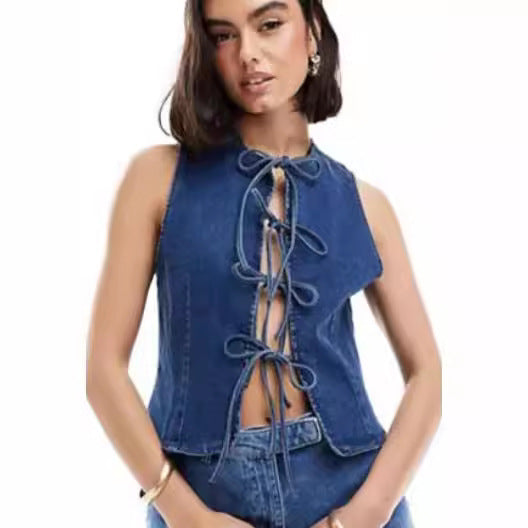 Women's Denim Bustier Top with Playful Lace-Up Detail Lisslune