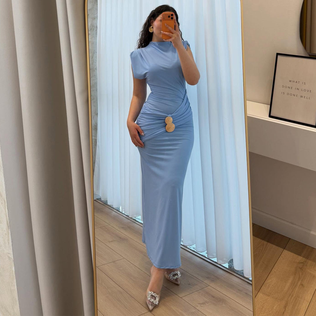 Women's maxi dress with elaborate wrap effect and narrow fit