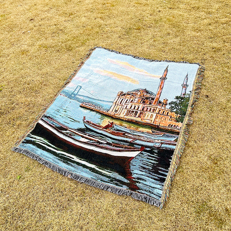 Rynx | Apartment decor inspiration Household flowers sofa blanket Polyester cotton 130 * 160cm with tassels Universal lounge blanket Coffee table tablecloth