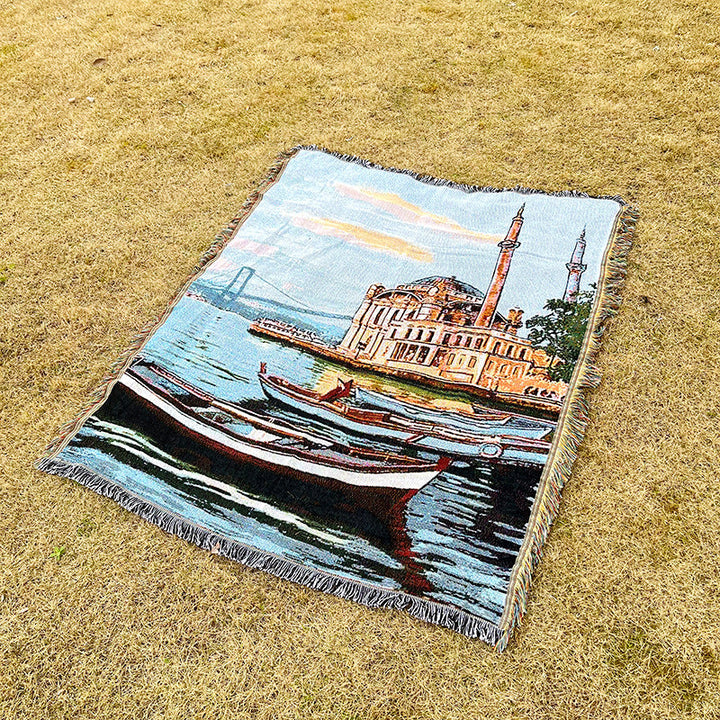 Rynx | Apartment decor inspiration Household flowers sofa blanket Polyester cotton 130 * 160cm with tassels Universal lounge blanket Coffee table tablecloth