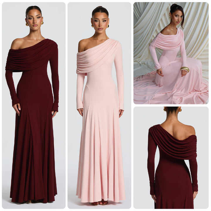 Women Elegant Long Sleeve Maxi Dress with Asymmetrical Draping Detail Lisslune