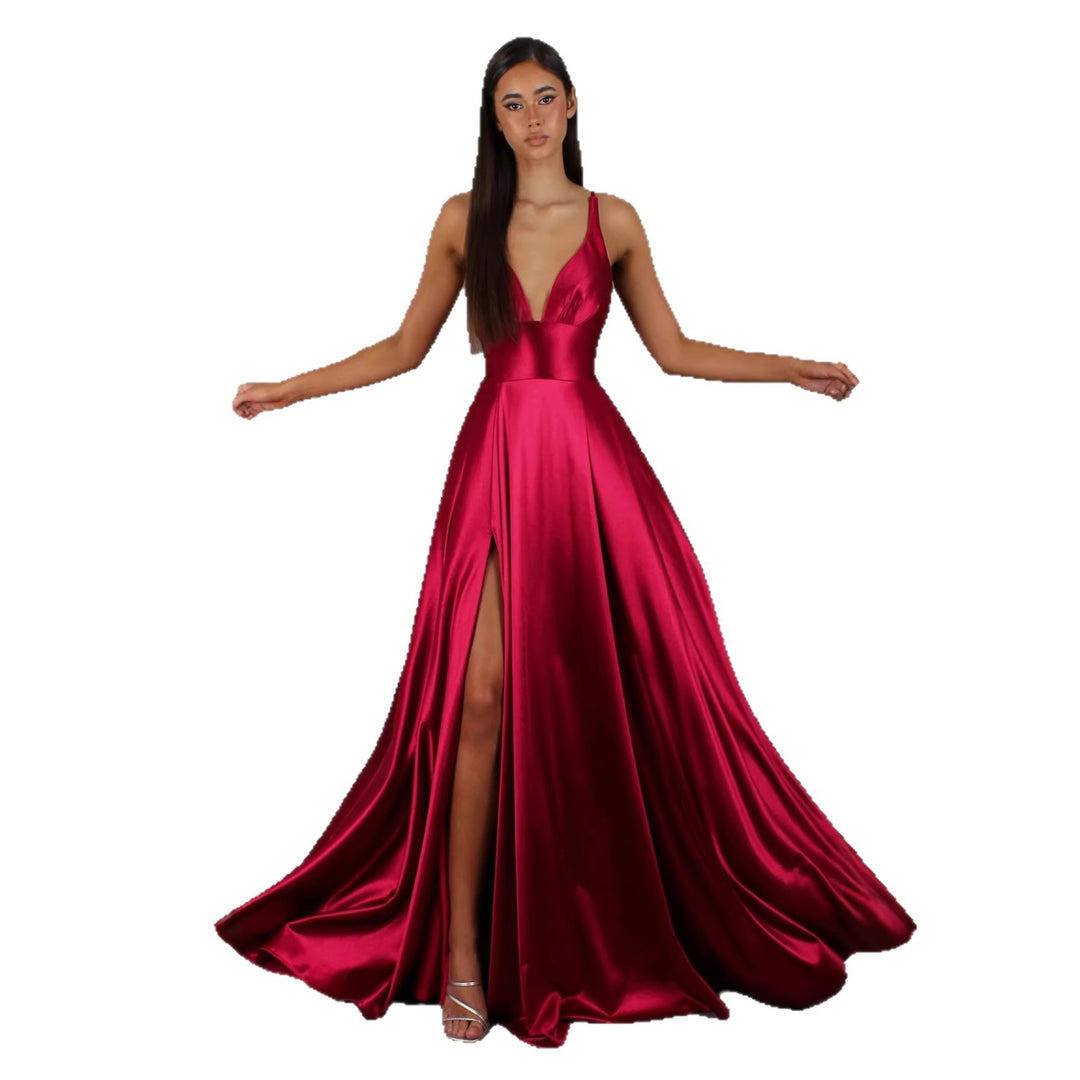 Ladies Elegant Maxi Dress with Deep V-Neck and Fashionable Split