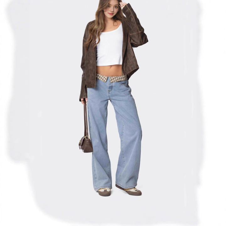 Damen Weite Jeans mit kariertem Bund Lisslune