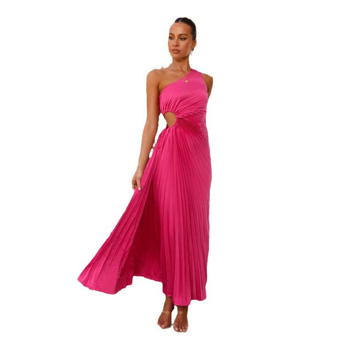 Ladies Pleated Maxi Dress with Asymmetric Neckline and Side Cut-Out Lisslune