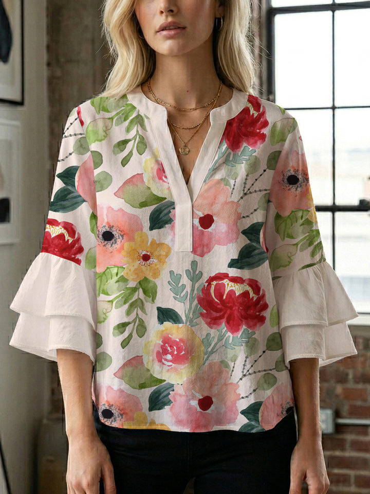 Ladies blouse with voluminous ruffled sleeves and floral print Lisslune