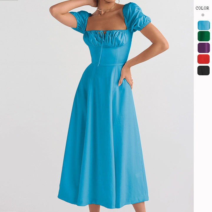 Women's midi dress with gathered bodice and flared skirt