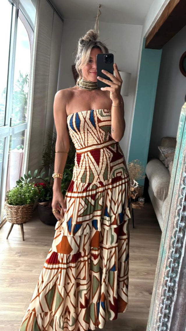 Women's maxi dress with sophisticated ruffle design and elastic waist insert Lune London