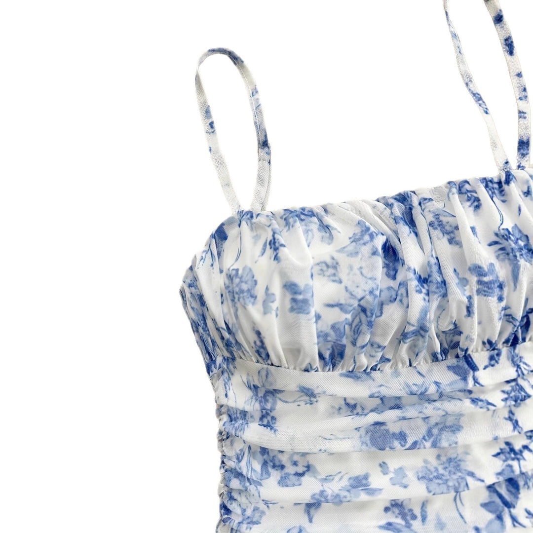 Damen Sommerliches Blumenkleid mit Spaghetti-Trägern und Raffungen Lisslune