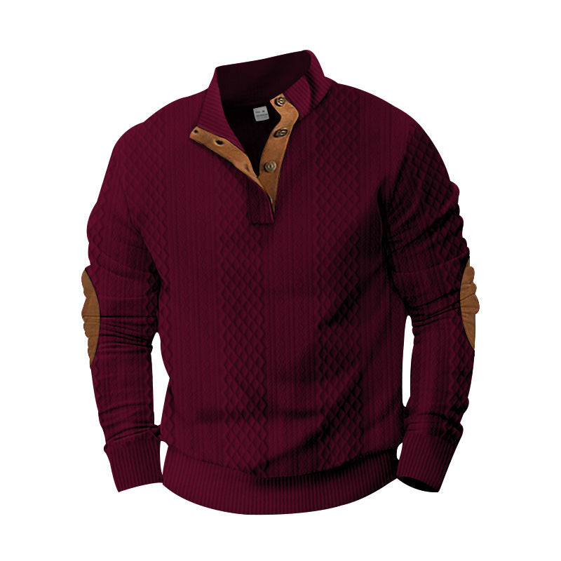Men's knit sweater with innovative stand-up collar and modern leather appliqués Lisslune