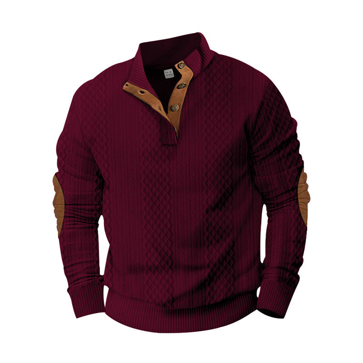 Men's knit sweater with innovative stand-up collar and modern leather appliqués Lisslune