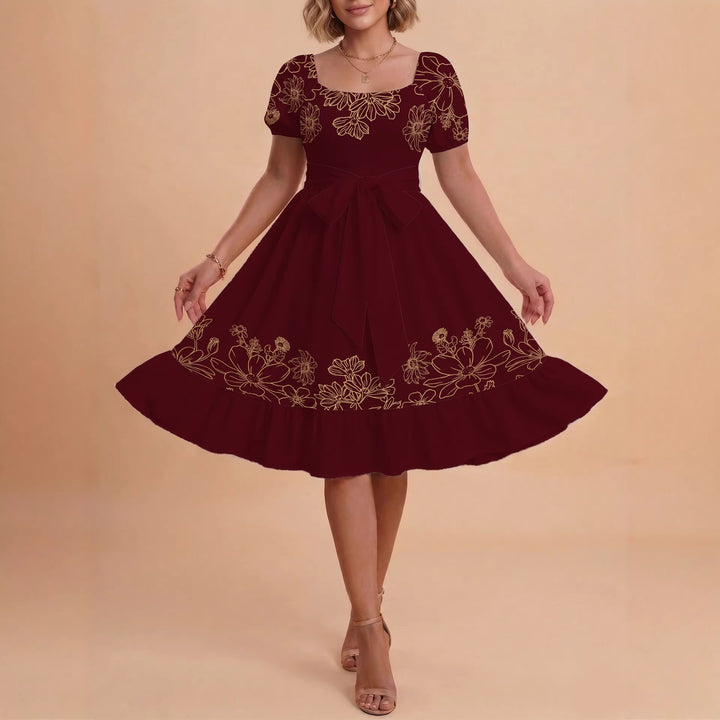 Women A-line dress with floral motifs and adjustable belt Lisslune