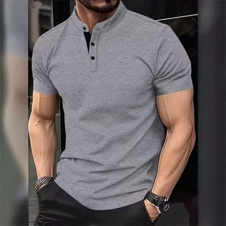 Men's stylish short-sleeve shirt with modern stand-up collar and decorative buttons Lisslune