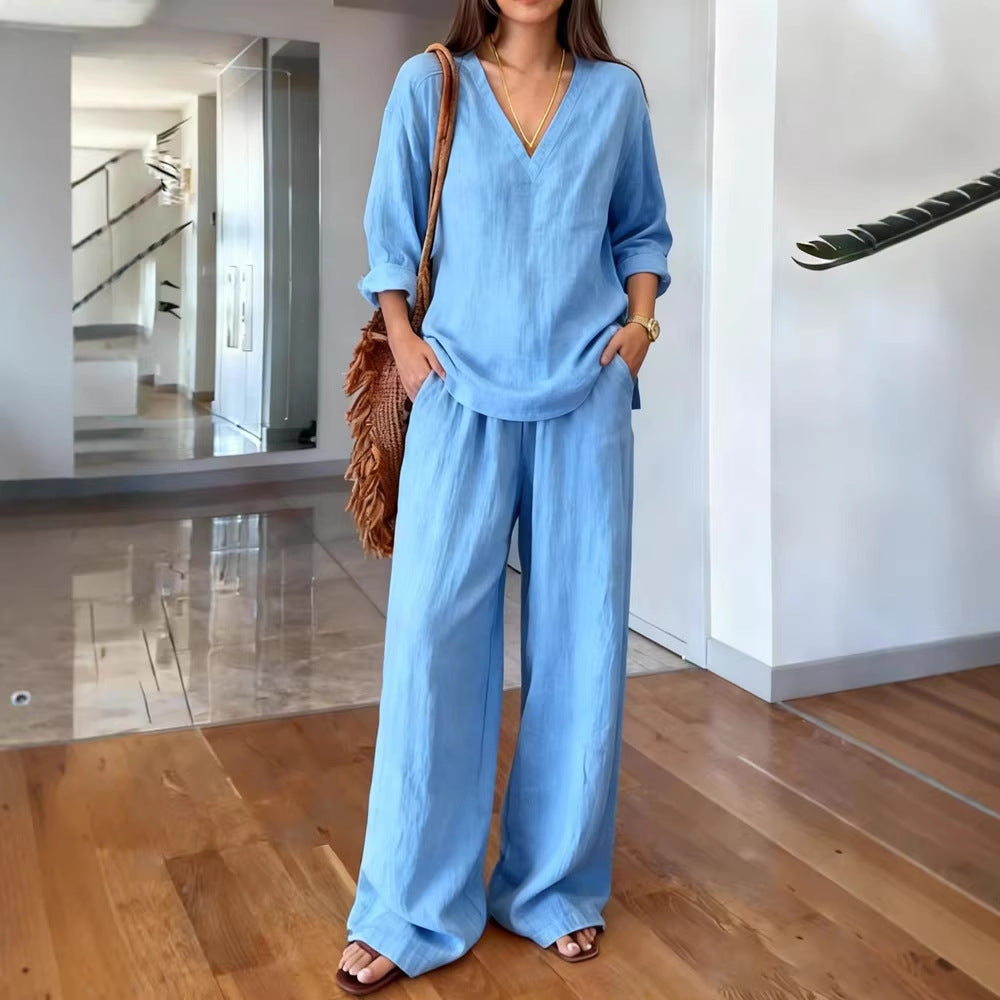 Women's Lightweight Summer Pants with Loose Fit and V-Neck Shirt Lisslune