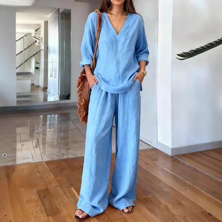 Women's Lightweight Summer Pants with Loose Fit and V-Neck Shirt Lisslune