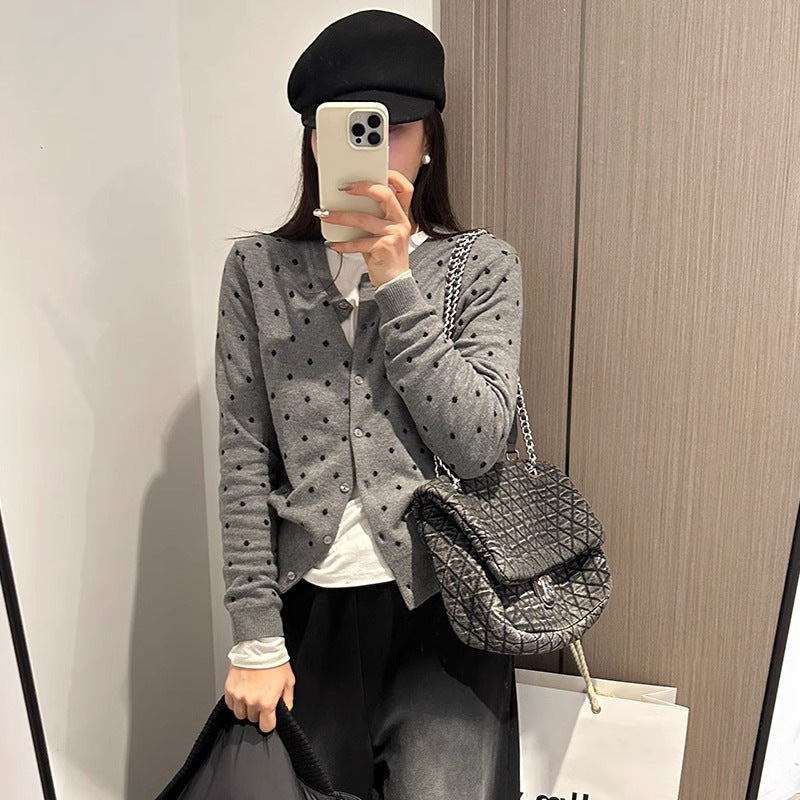 Women's cardigan with modern dots and fine button placket