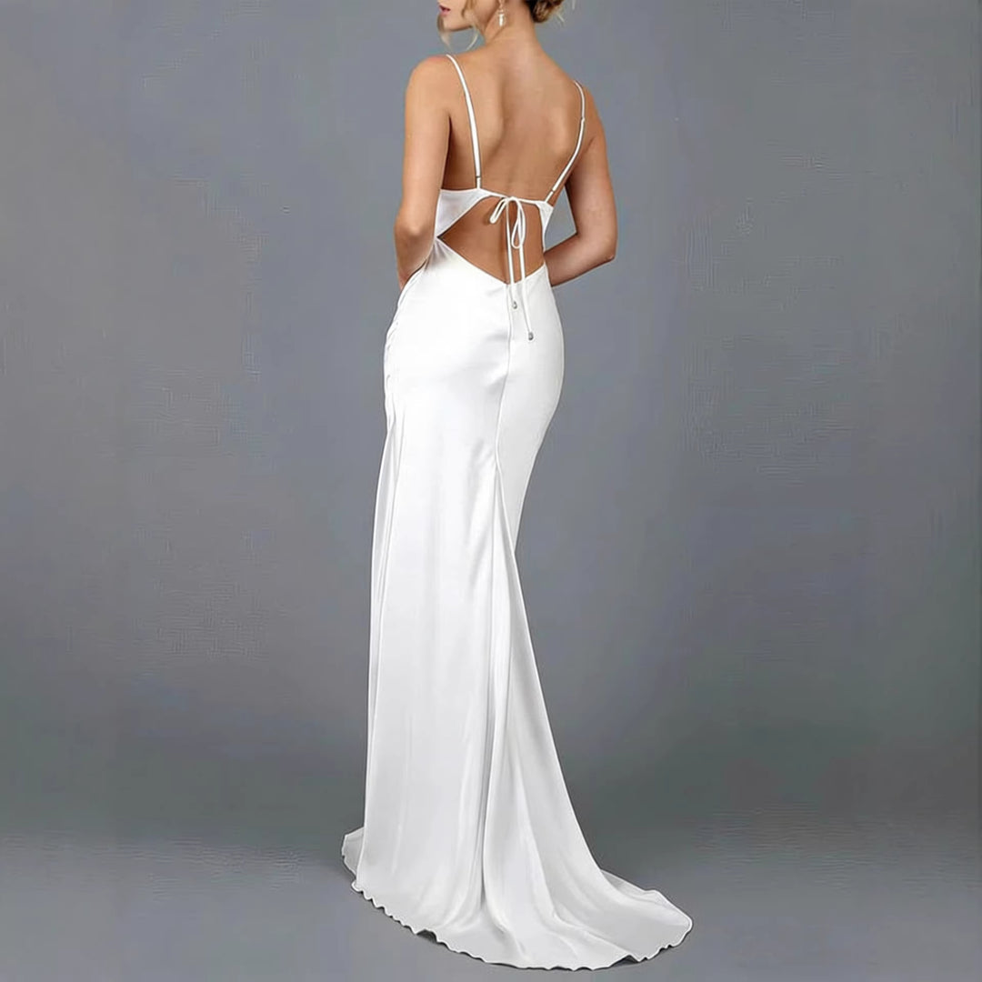 Ladies Elegant Satin Wedding Dress with Deep V-Neck and Thin Spaghetti Straps