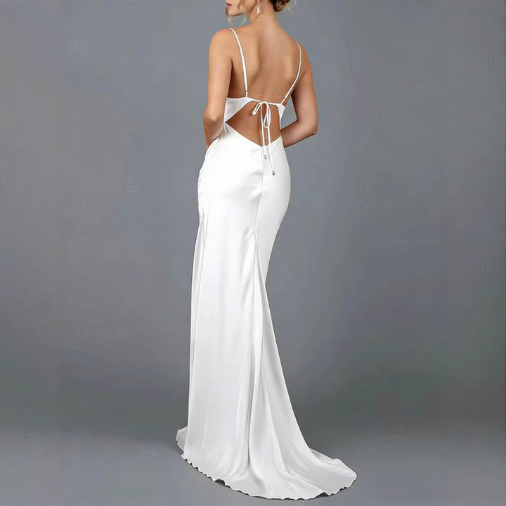 Ladies Elegant Satin Wedding Dress with Deep V-Neck and Thin Spaghetti Straps
