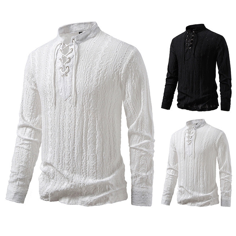 Men's long sleeve shirt with unique textured pattern and drawstring Lisslune