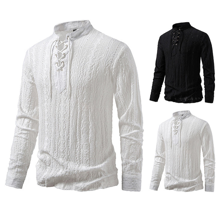 Men's long sleeve shirt with unique textured pattern and drawstring Lisslune