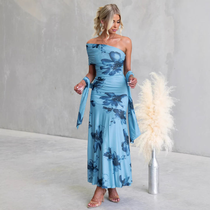 Women's Off-Shoulder Maxi Dress with Floral Accents and Ruffled Design