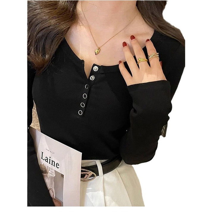 Women's Long Sleeve Shirt with Button Placket and Fine Ribbed Texture