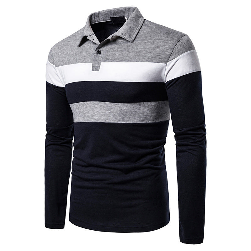 Men's Long Sleeve Polo Shirt with Modern Block Stripes Lisslune