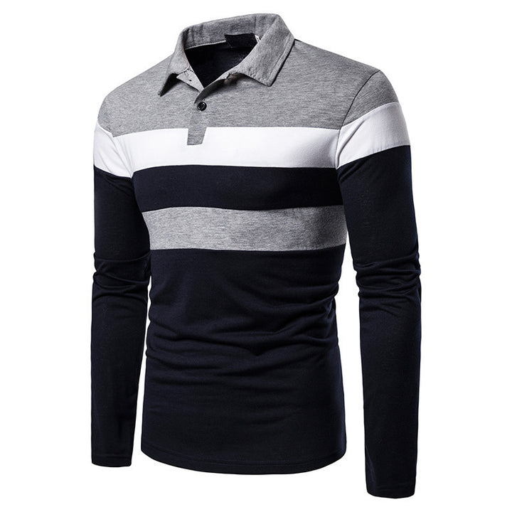 Men's Long Sleeve Polo Shirt with Modern Block Stripes Lisslune