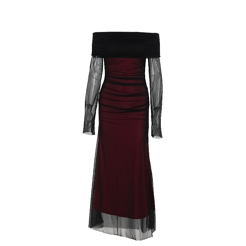 Women's Off-Shoulder Evening Dress with Ruched Design and Long Sleeves Lune London