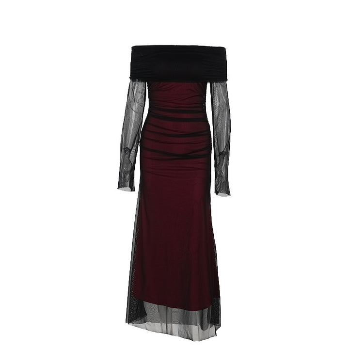 Women's Off-Shoulder Evening Dress with Ruched Design and Long Sleeves Lune London