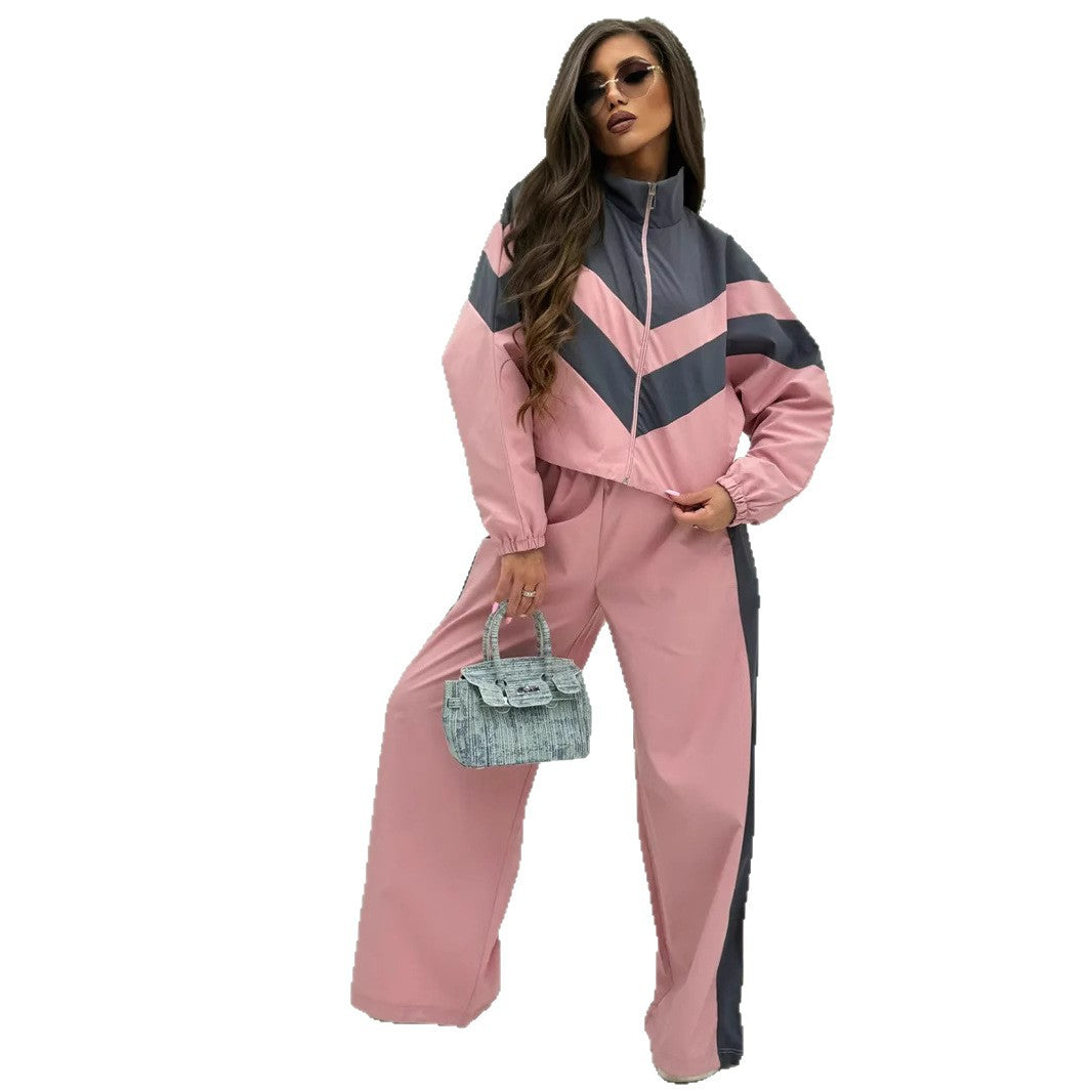 Women's sporty two-piece set with trendy zipper and contrasting color block elements Lisslune