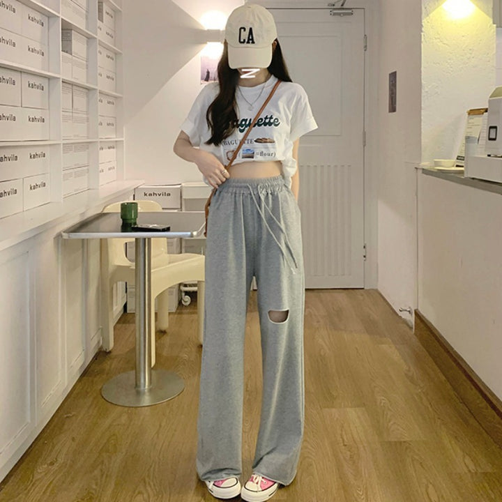 Women's casual wide-cut sweatpants with fashionable cut-out and elastic waistband