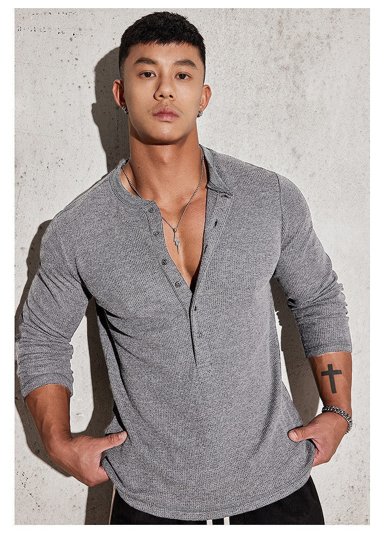 Men's long-sleeve shirt with textured design and fashionable button details Lisslune