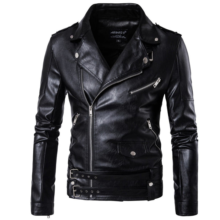 Men's biker jacket made of high-quality leather with an asymmetrical zipper and decorative buckles Lisslune