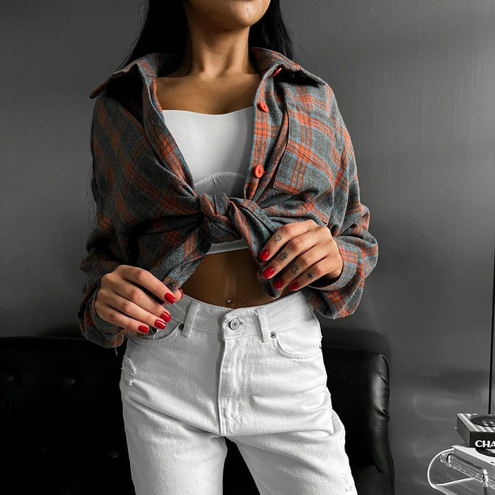 Women Check Pattern Crop Shirt with Ties and Casual Cut