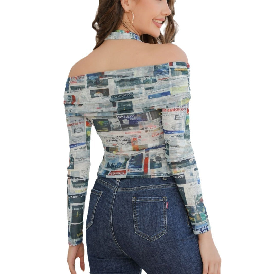 Ladies Off-Shoulder Top with creative newspaper print and fitted silhouette Lisslune