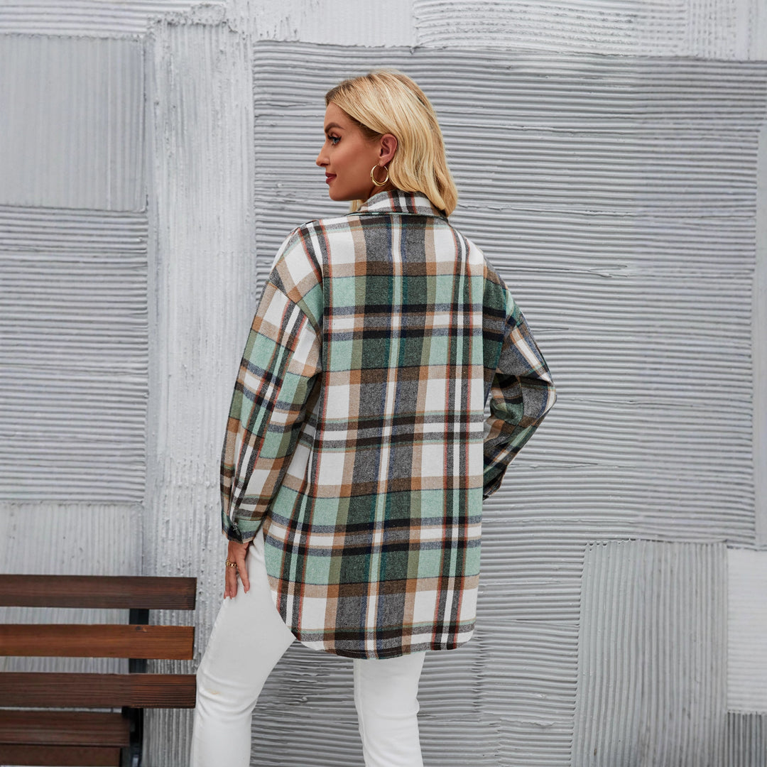 Women's checkered shirt jacket in a casual style with practical chest pockets.