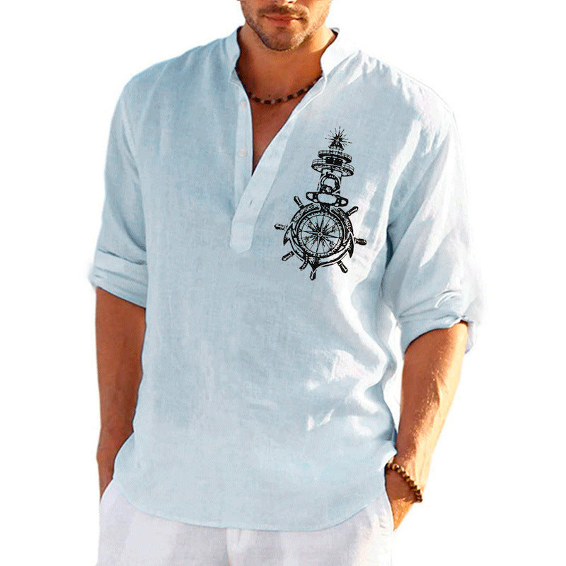 Men's linen shirt with maritime steering wheel design Lisslune