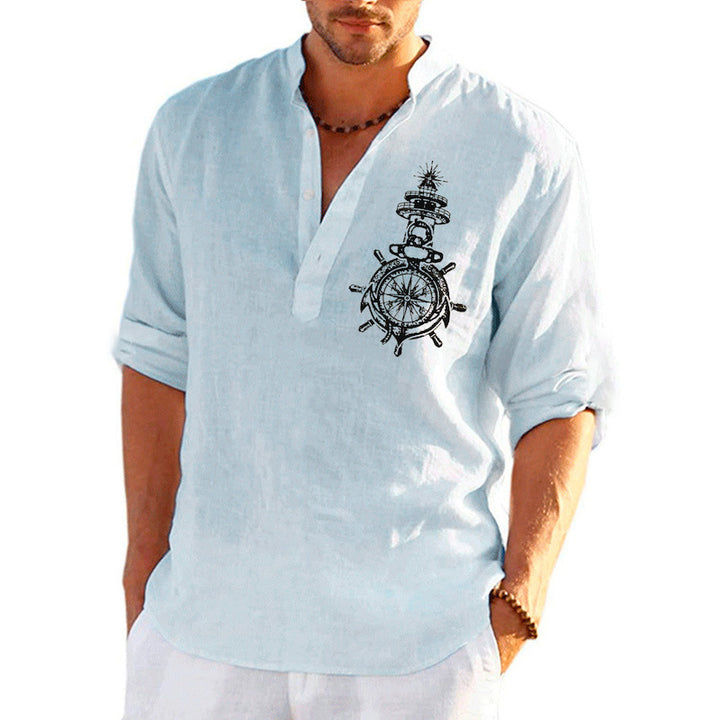 Men's linen shirt with maritime steering wheel design Lisslune