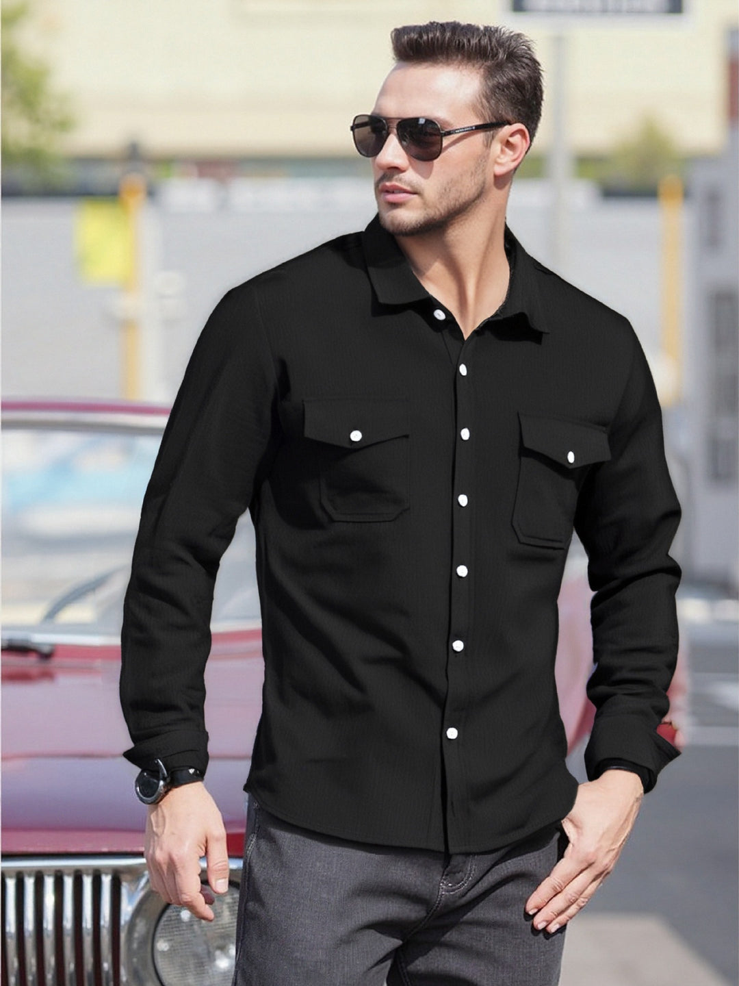 Men's Casual Long Sleeve Shirt with Practical Chest Pockets and Modern Cut Lisslune