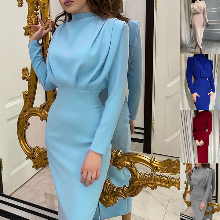 Damen Elegantes Langarm-Maxi-Kleid mit raffinierter Drapierung und hohem Kragen Lisslune