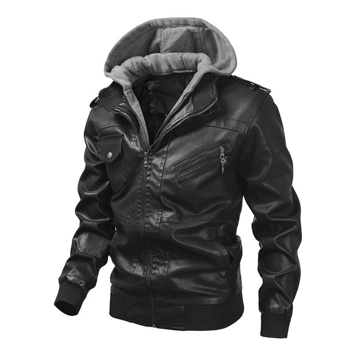 Men's synthetic leather jacket with detachable hood and multifunctional pockets Lisslune