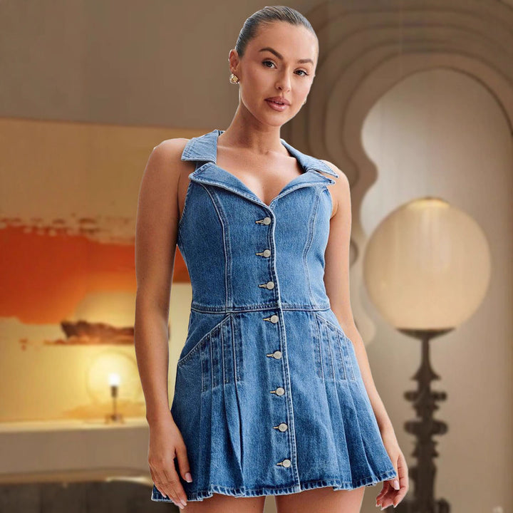 Women's jeans dress in a tailored cut with classic collar and button placket Lisslune