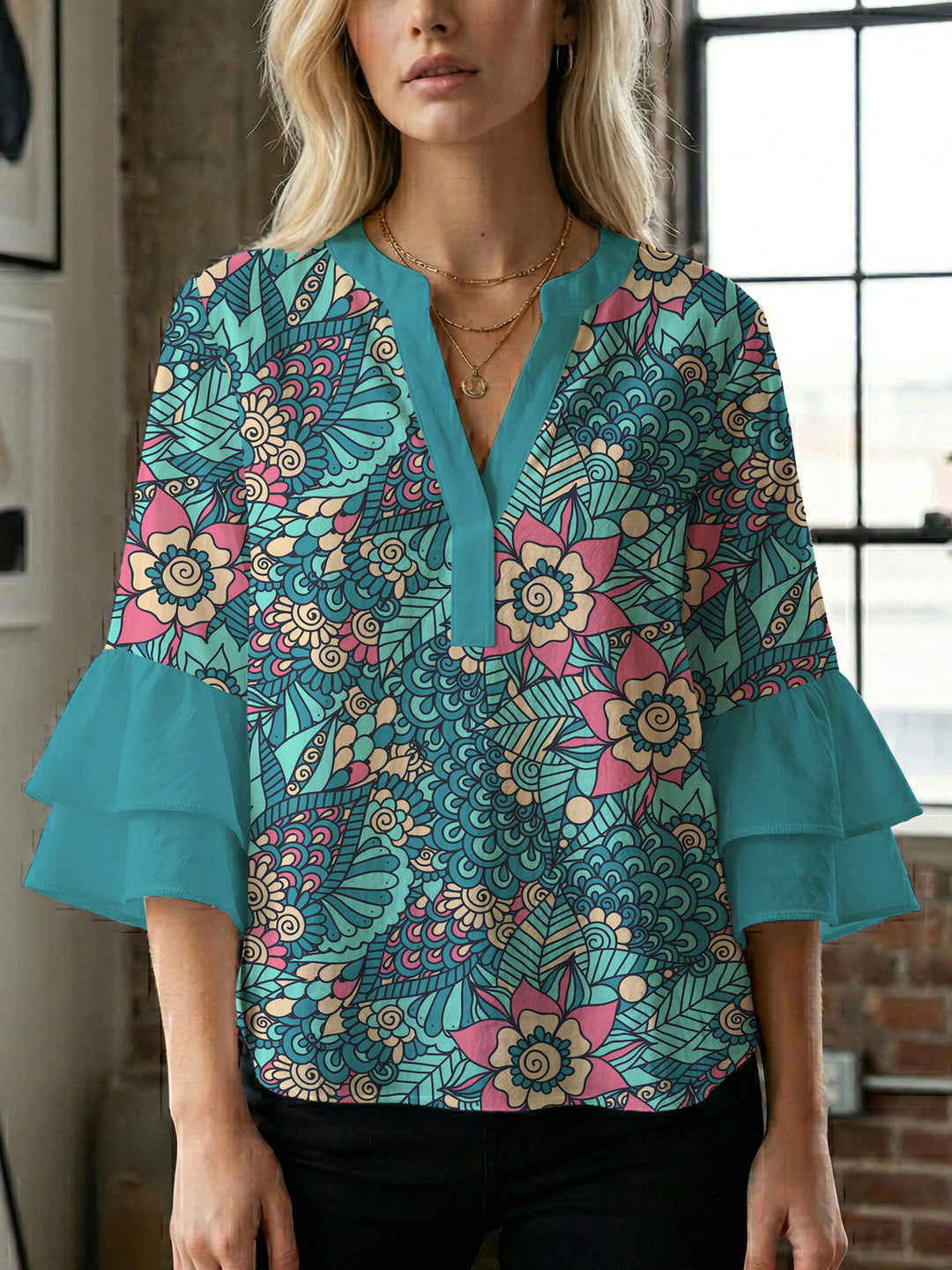 Women's blouse with voluminous ruffle sleeves and creative floral design Lisslune