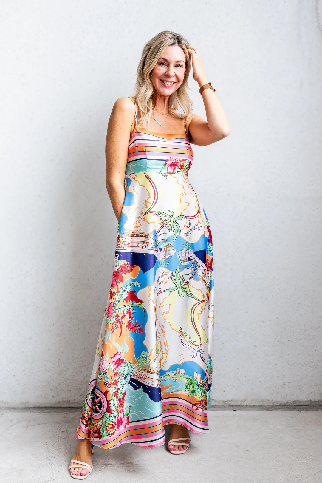 Women's maxi dress with exciting graphic print and playful design